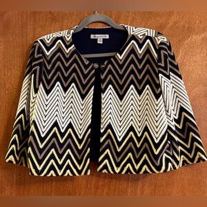 Danny and Nicole Zigzag Patterned Shrug Jacket in Black, White, and Tan